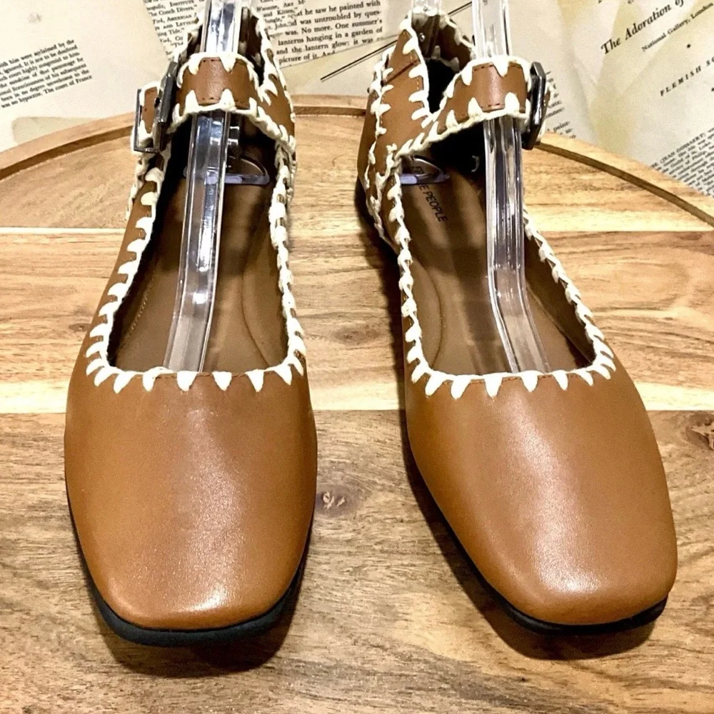 Free People Mystic Mary Jane Buckle Flat Tan Leather Ivory Crochet Trim - Picture 7 of 10